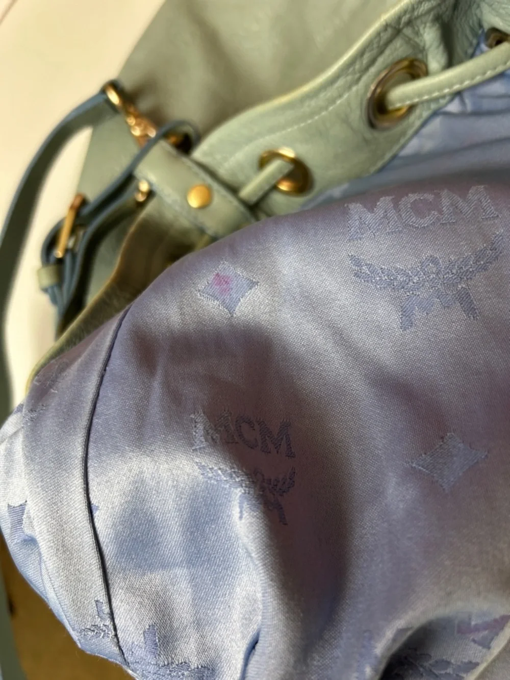 MCM Pale Blue Pebbled Leather Drawstring Hobo Bag - Picture 12 of 15